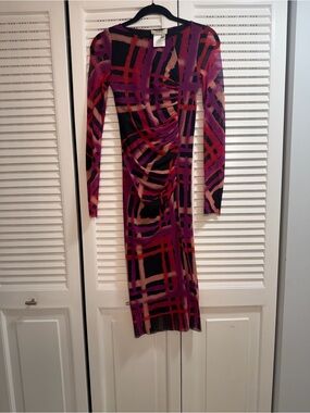 Fuzzi  Ruched Plaid Midi Dress in  Black, Purple And Red